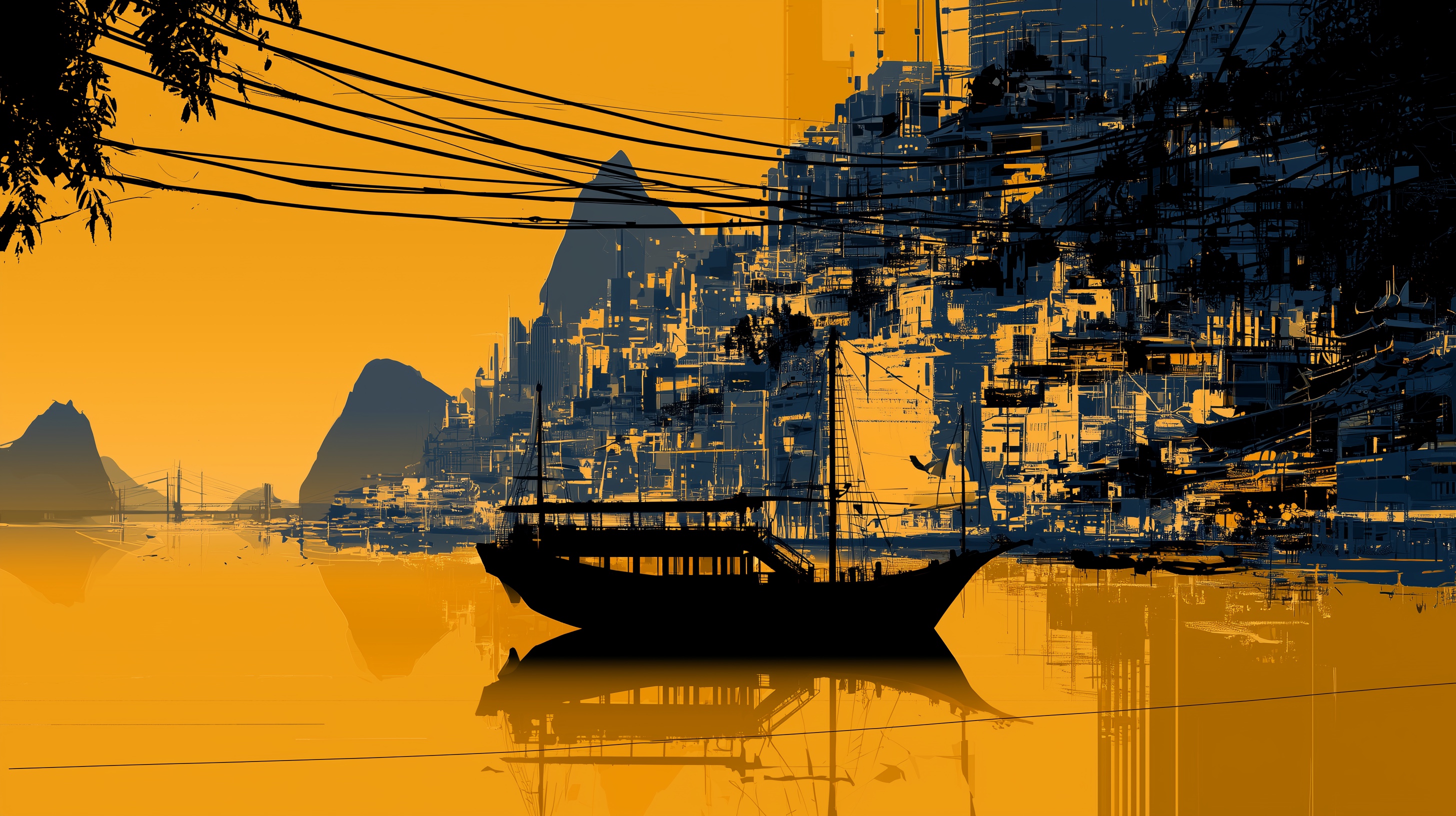 Harbour and ship rendered in the Wharf Machine yellow, petrol and ink palette