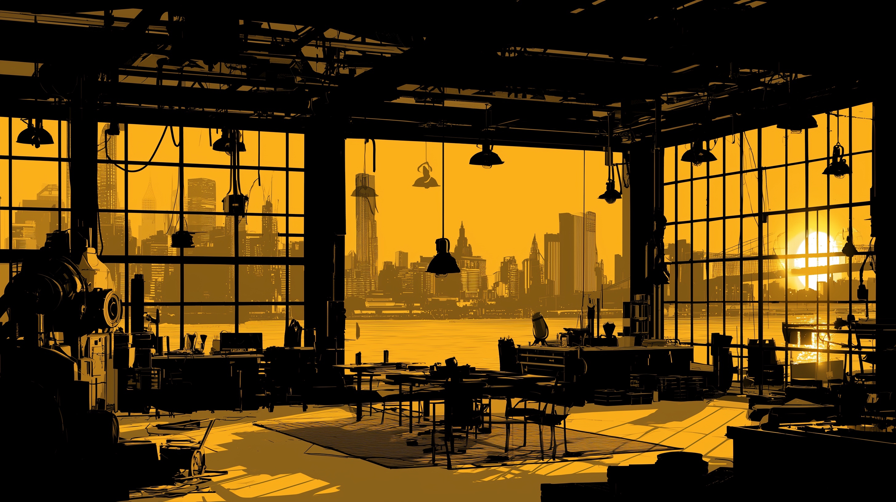 Industrial workshop looking across a harbour city in the Wharf Machine yellow-and-ink palette